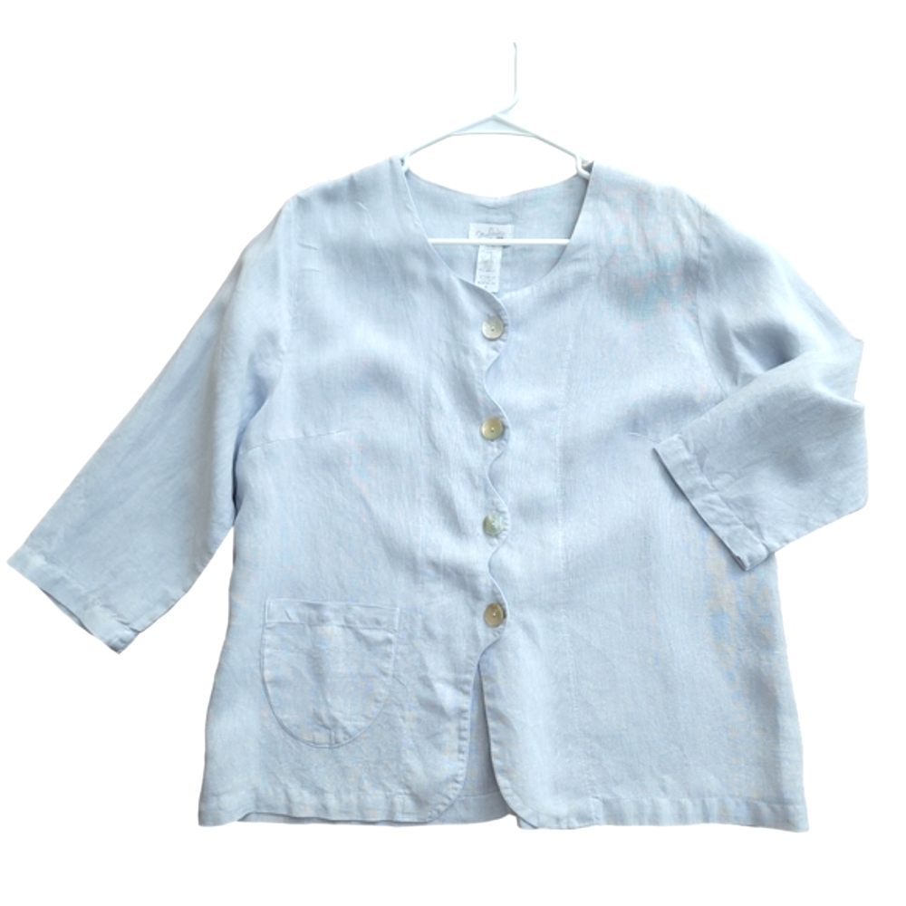 Mosaic Linen Scalloped Button Front Top